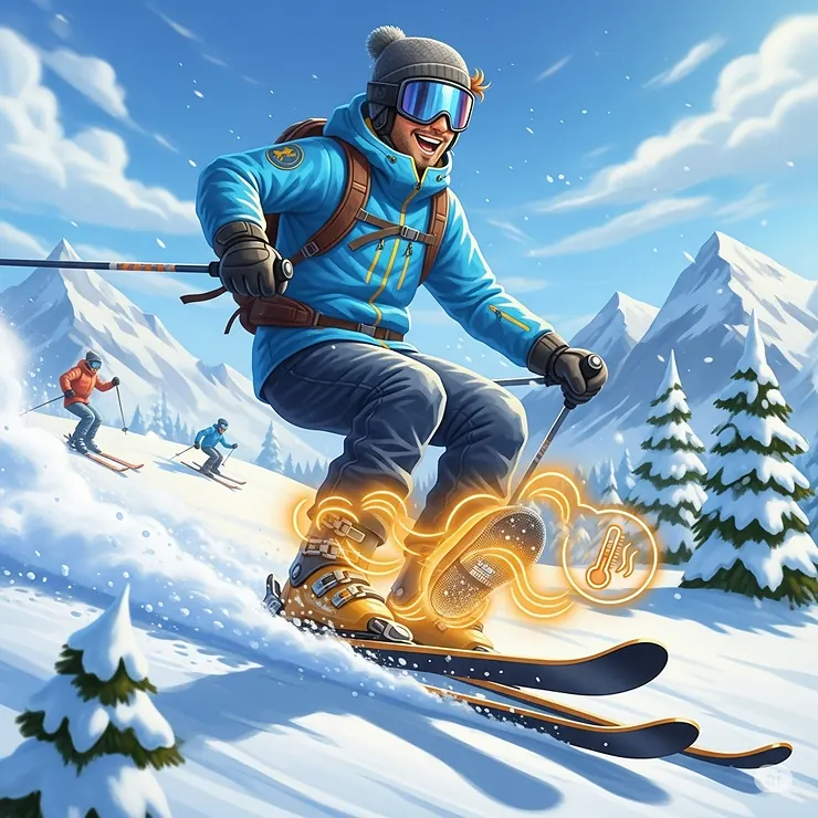 An illustration of a happy skier enjoying a cold day on the slopes, demonstrating how warm feet with the best heated ski socks can improve comfort and performance.