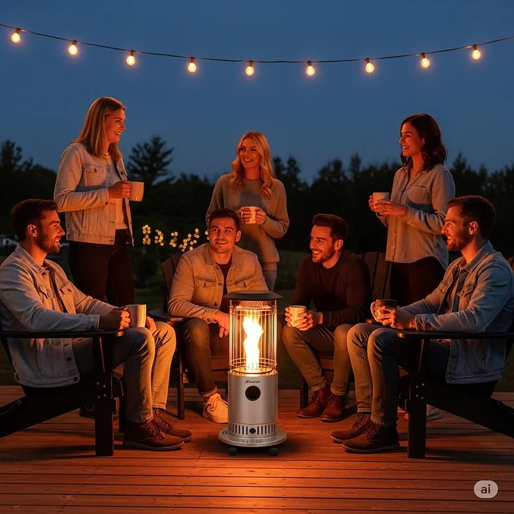 Friends gathered around a small propane patio heater on a cool evening, enjoying the warm glow and comfortable outdoor ambiance.