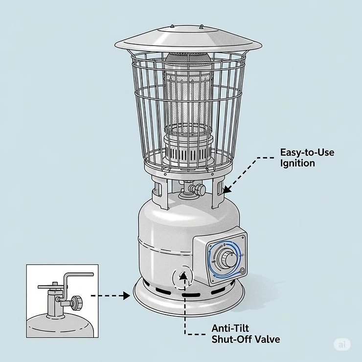 An illustration pointing to the safety features of a small propane patio heater, including the anti-tilt shut-off valve and easy-to-use ignition.