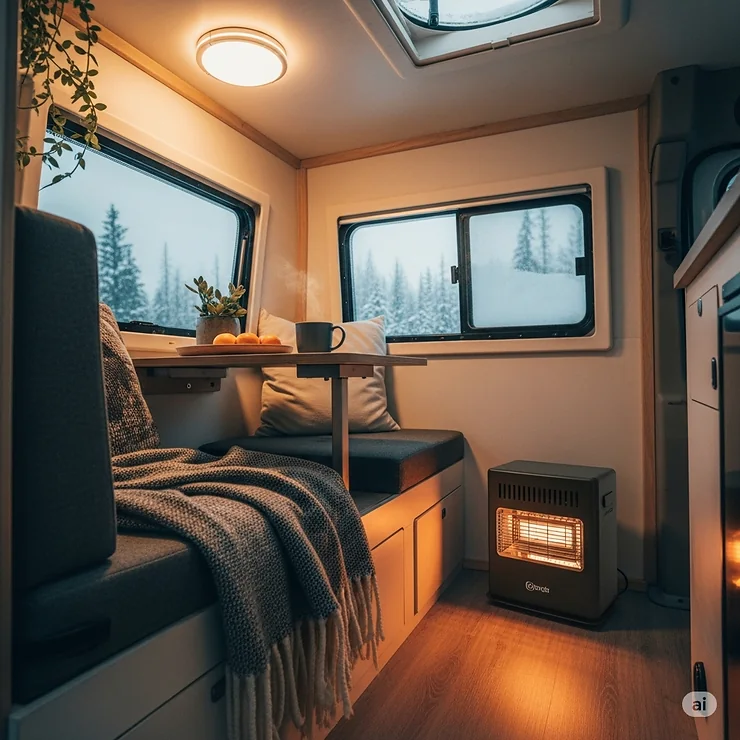 A wide-angle shot showing a compact propane heater discreetly placed in a camper's living area, warming the space without taking up much room.