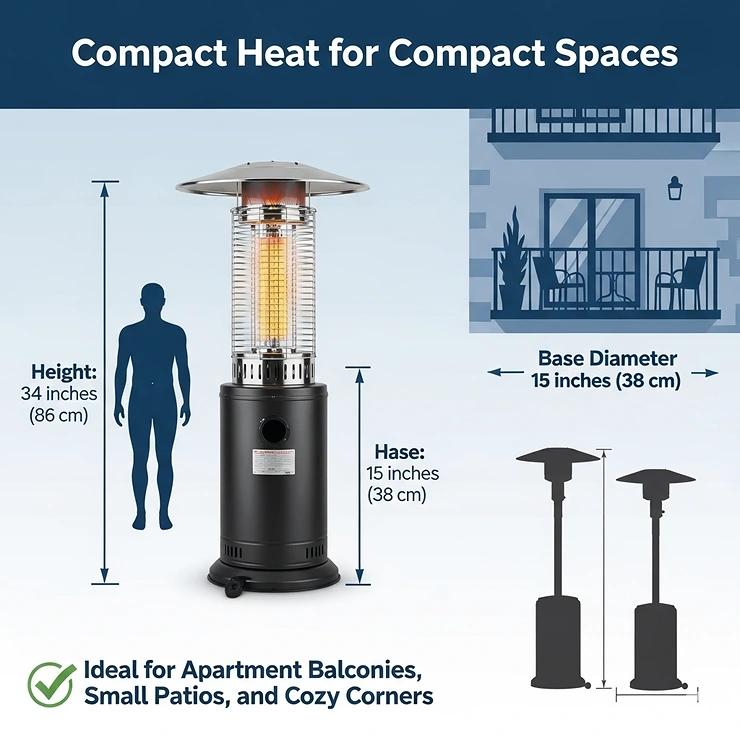 An infographic illustrating the compact dimensions and height of a small propane patio heater, perfect for limited spaces like apartment balconies.