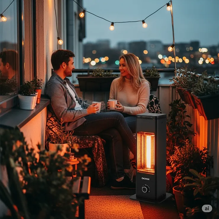 A small propane patio heater with a modern black finish, providing warmth for a couple enjoying an evening on their urban balcony.