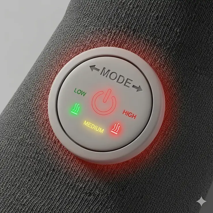 An illustration of the control button on the Snow Deer heated socks, showing how to easily switch between heat settings to customize warmth.