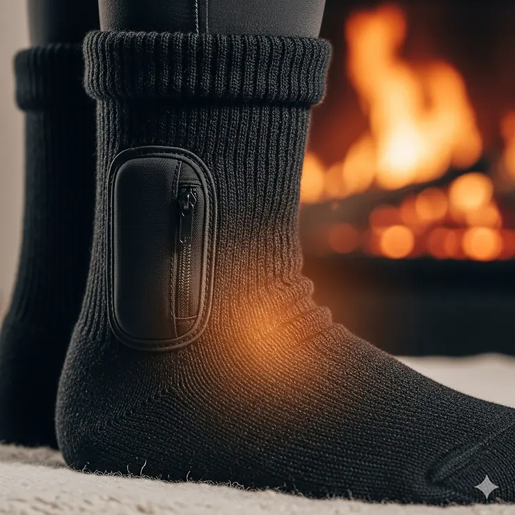 A close-up shot of a pair of black Snow Deer heated socks, showing the high-quality fabric and the discreet battery pocket. The image highlights the cozy warmth perfect for winter activities.