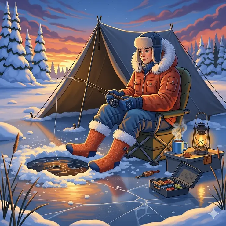 An illustration showing a person sitting on a frozen lake, ice fishing comfortably, wearing durable Snow Deer heated socks to stay warm in extreme cold.