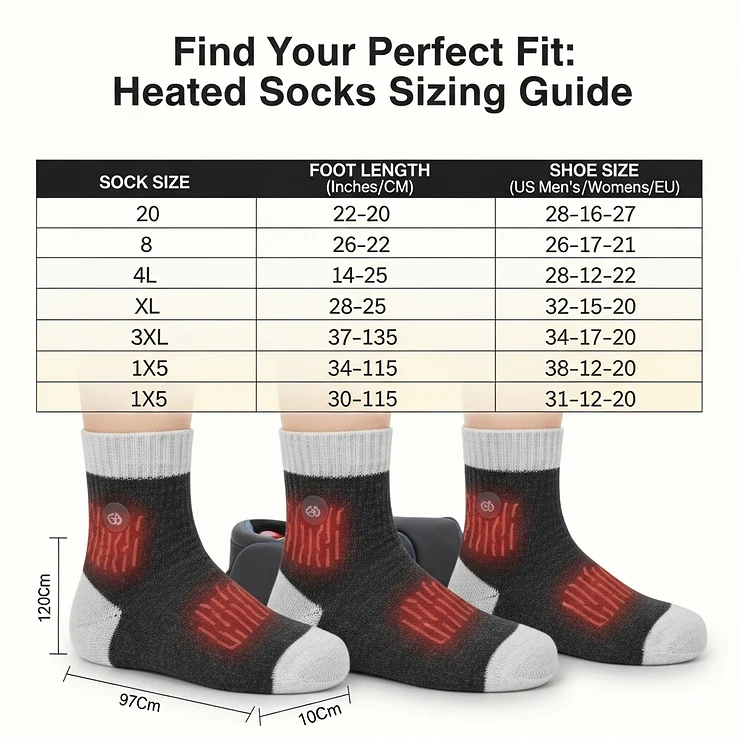 A detailed sizing chart illustration for Snow Deer heated socks, helping customers find the perfect fit for ultimate comfort and warmth.