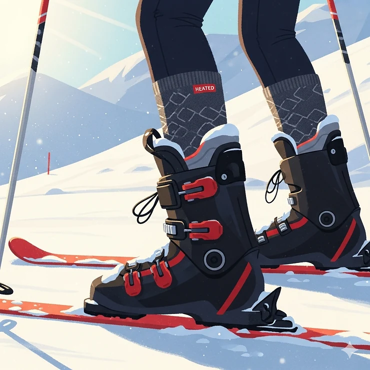 An illustration of a person wearing ski boots and Snow Deer heated socks, enjoying a day on the slopes with warm, comfortable feet.