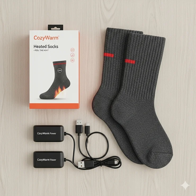A flat-lay illustration of a new pair of Snow Deer heated socks laid out on a table, including the packaging, two batteries, and the charging cable.