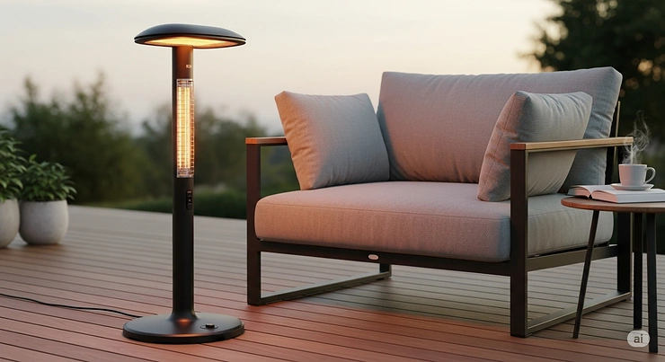A sleek, freestanding electric patio heater with a sturdy base, positioned next to a comfortable lounge chair on a deck.
