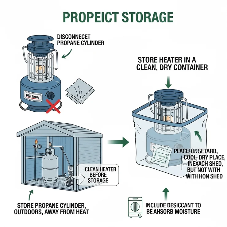 A diagram showing the proper way to store a propane camper heater when not in use, emphasizing safety and longevity.