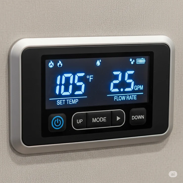 A detailed view of the digital control panel on a tankless camper propane water heater, showing temperature and flow rate settings.