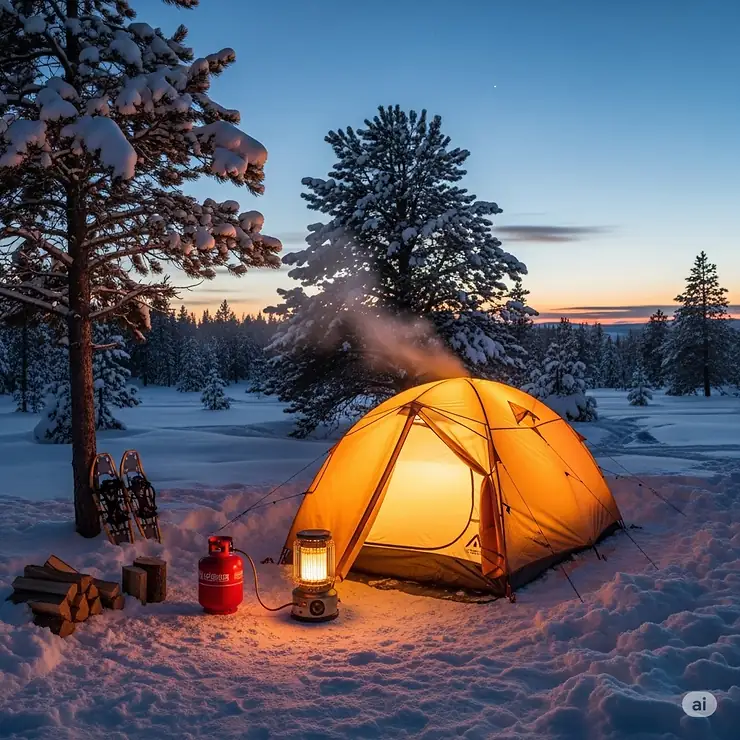 A scenic shot of a winter camping site with a warm glow emanating from a tent, symbolizing the use of a reliable propane tent heater for cold-weather adventures.