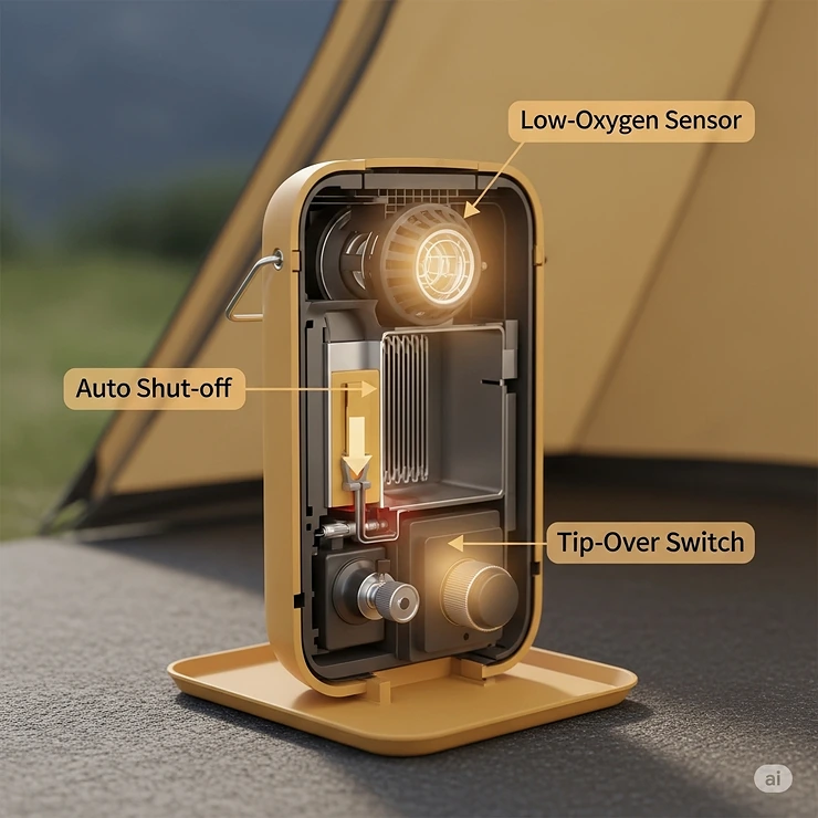 An illustration highlighting key safety features of a propane tent heater, such as the auto shut-off, tip-over switch, and low-oxygen sensor.