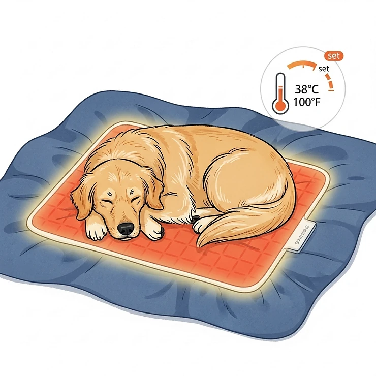 An illustration of a dog sleeping on a heating pad with a small thermometer icon next to it, indicating the pad's thermostatically controlled feature to maintain a consistent, safe temperature.