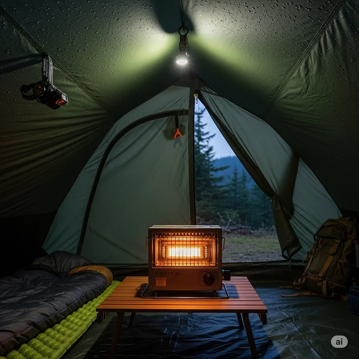 An interior view of a camping tent with a small, glowing propane heater safely placed on a stable surface, providing warmth and light.