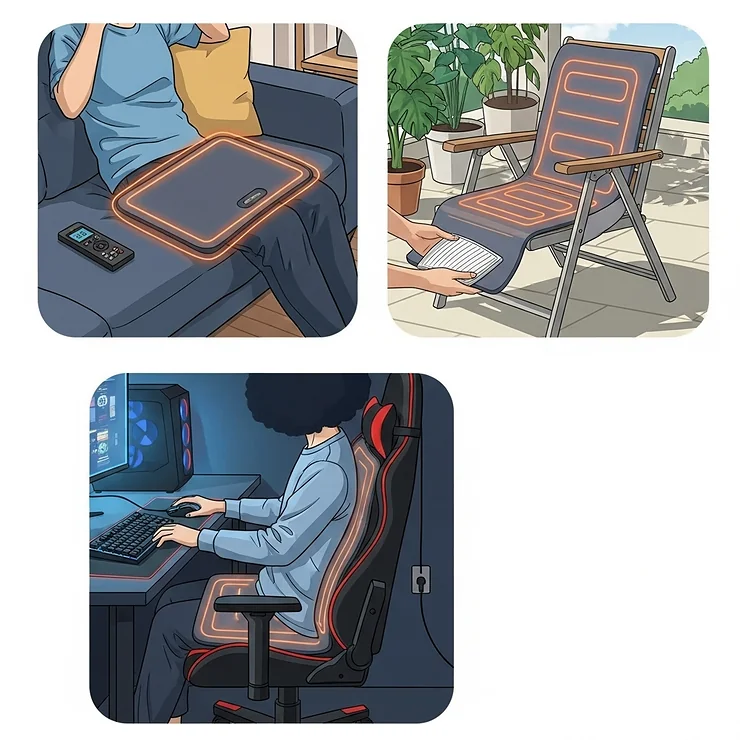 A series of small illustrations showing a single heated chair pad being used in different settings: on a sofa, on a patio chair, and on a gaming chair, emphasizing the product's versatility.