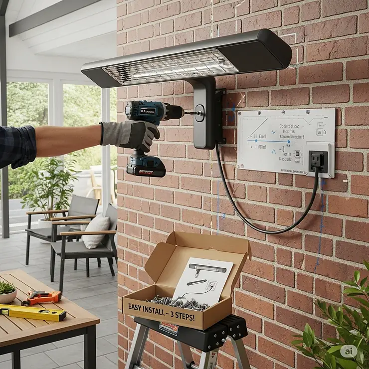 An image demonstrating the simple and secure installation of a wall-mounted electric patio heater.