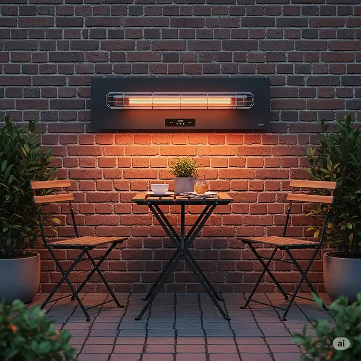 A high-quality, wall-mounted electric heater installed on a patio, showing a space-saving design perfect for smaller areas.