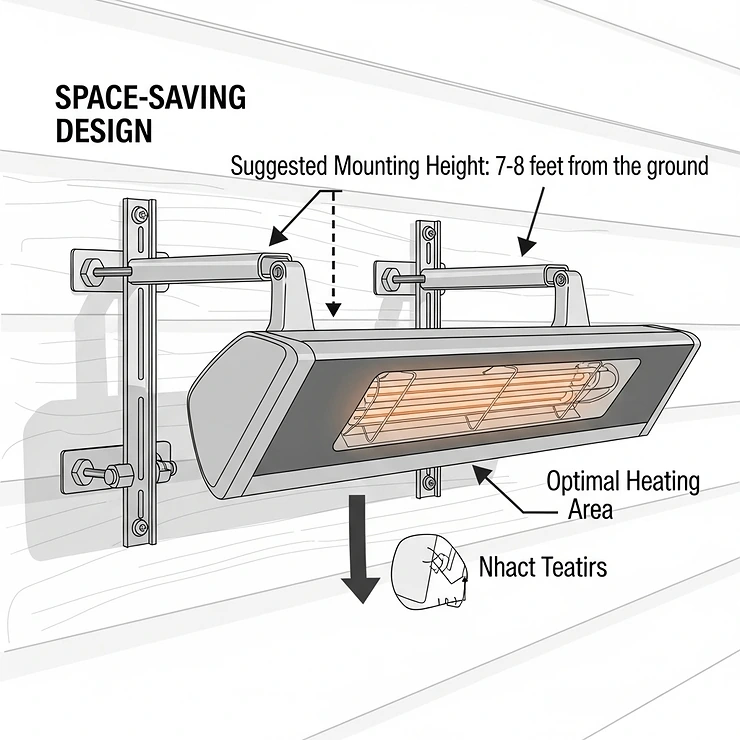 An illustration showing the mounting hardware and proper placement for a wall-mounted infrared porch heater, highlighting its space-saving design.