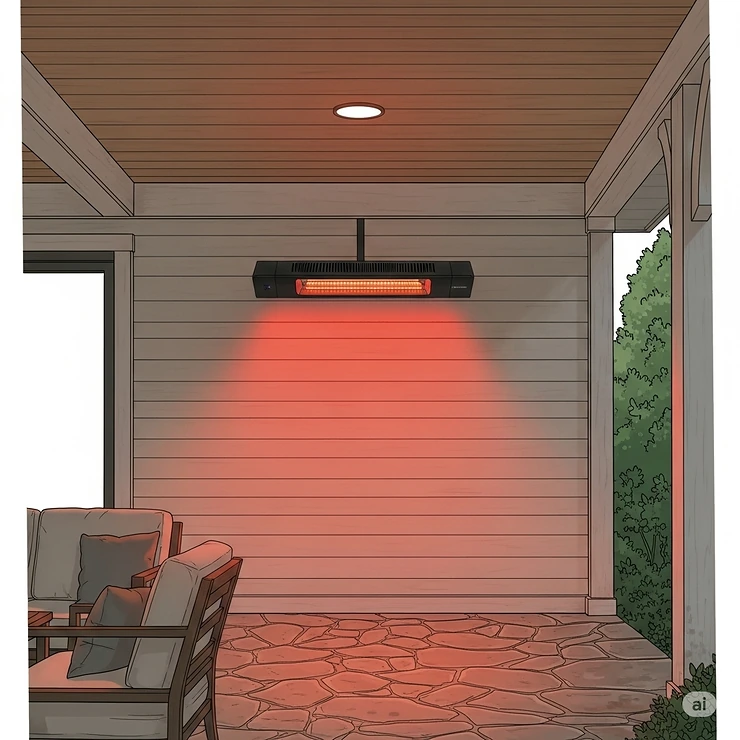 An illustration showing a wall-mounted infrared patio heater installed on a covered porch, saving floor space and providing a sleek, permanent heating solution.