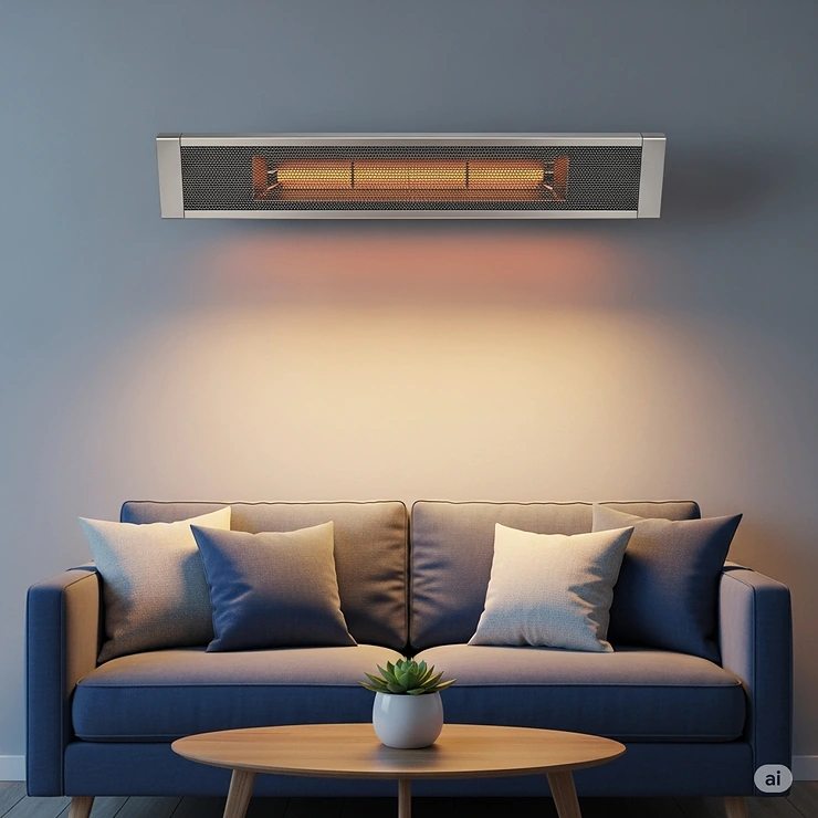A sleek, wall-mounted natural gas heater installed above a seating area, providing consistent overhead warmth without taking up floor space.