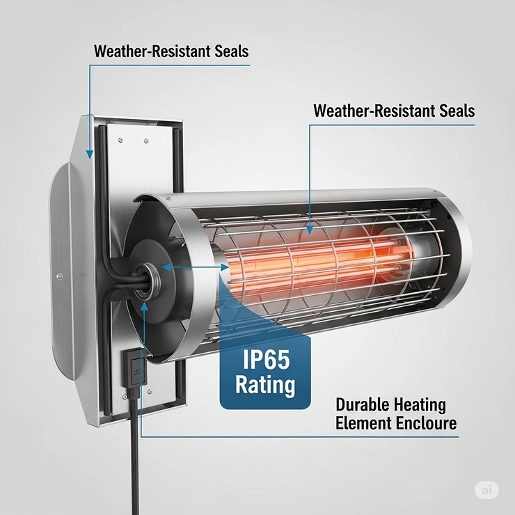 A diagram highlighting the durable, weather-resistant construction and IP rating of a top-rated electric patio heater.