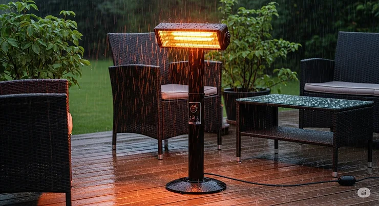 A durable, waterproof electric patio heater being used outdoors during a light rain, highlighting its all-weather construction.