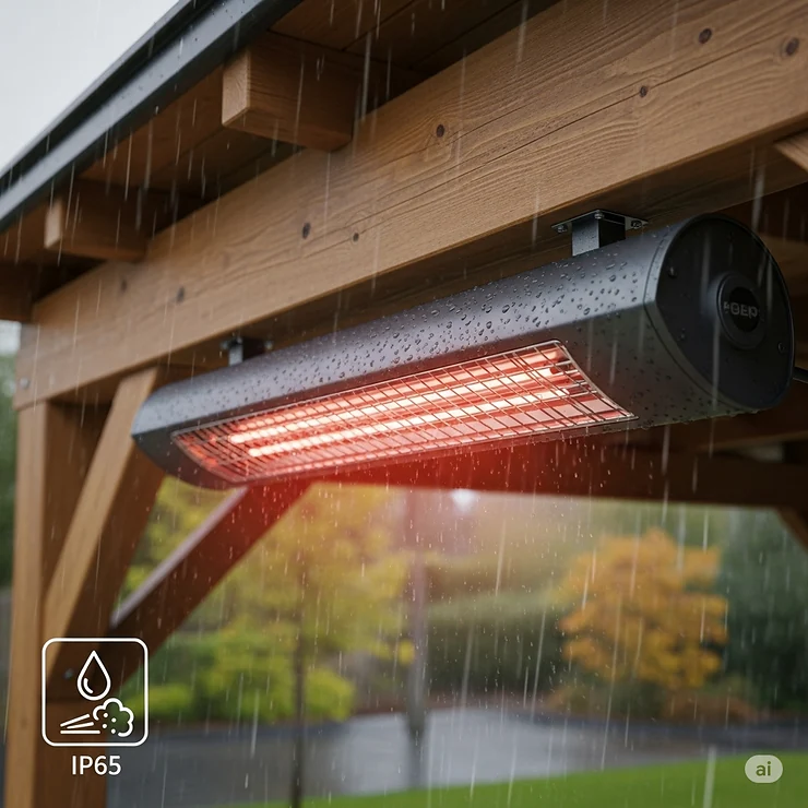 A visual showing the durable, all-weather construction of an infrared porch heater, with a small icon indicating its water and dust resistance for outdoor use.