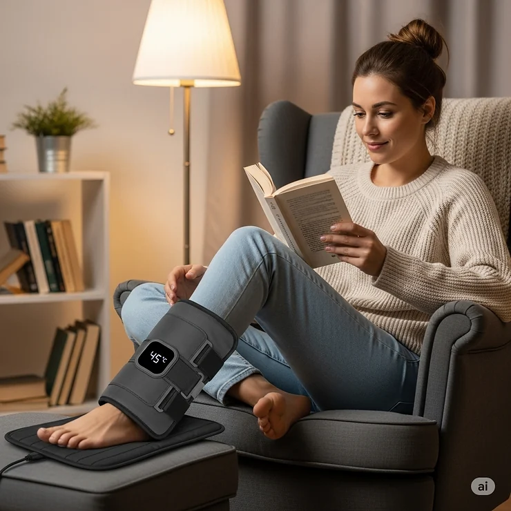 A woman sits comfortably in an armchair, using a cordless, adjustable ankle heating pad on her left ankle to treat a minor sprain.