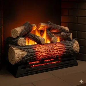 A 24-inch electric fireplace log set shown from a side angle, highlighting its specific size for larger fireplaces.