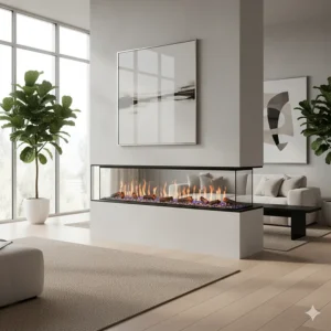 A minimalist home interior with a sleek, contemporary three-sided electric fireplace installed as a room divider.