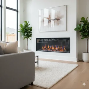 A modern living room featuring a stunning three-sided electric fireplace with a realistic flame effect and a decorative log set.