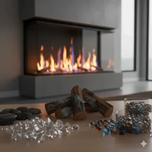 An image of the various decorative media options, such as crystals and logs, that can be used inside a 3-sided electric fireplace.