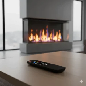 A remote control for a three-sided electric fireplace, indicating functions for flame color, brightness, and heat.