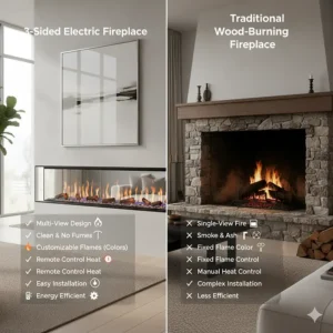 A comparative graphic illustrating the advantages of a three-sided electric fireplace over a traditional wood-burning one.