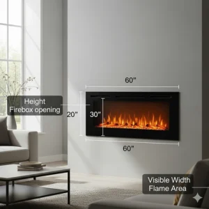 A diagram illustrating the exact dimensions and size specifications of a 60-inch electric fireplace for installation planning.