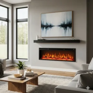 A modern living room featuring a sleek, wall-mounted 60-inch electric fireplace with a realistic flame effect and a built-in heater.