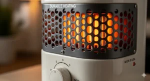 Close-up of a ceramic American-made space heater, highlighting its durable heating element.