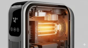 A visual representation of energy-saving features found in a high-efficiency American-made space heater.