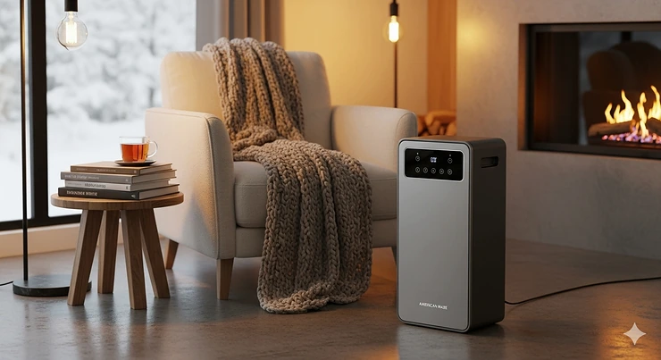 A sleek, modern American-made space heater operating in a cozy living room, providing efficient warmth.