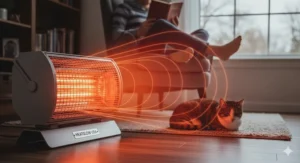 An image of a radiant American-made space heater emitting infrared warmth directly to objects and people.