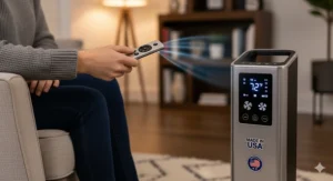 A person using a remote control to adjust the settings on a premium American-made space heater.