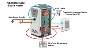 Diagram illustrating the safety features of an American-made space heater, including tip-over and overheat protection.
