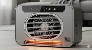 A fan-forced American-made space heater, showcasing its design for fast, even heat distribution.