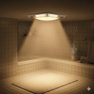 A combination bathroom ceiling heater and light fixture, shown warming a small, tiled bathroom area, ideal for cold mornings.