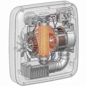 An illustration showing the internal components of a bathroom fan and heater combo unit, including the heating element, motor, and ventilation duct.