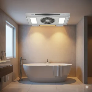 A photo of a finished bathroom featuring a stylish and powerful new exhaust fan with a built-in heater and light, creating a comfortable environment.