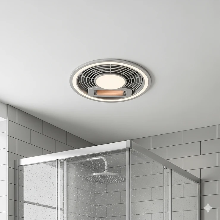 A modern, sleek bathroom exhaust fan with an integrated heater and LED light, installed seamlessly in a white ceiling above a shower. bathroom fans with heat and light