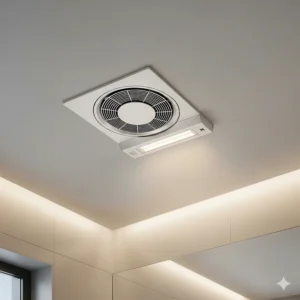 A heat lamp fixture integrated into a bathroom's ceiling vent fan, designed to provide a source of warm, comfortable heat after a shower. The image shows the fixture's unobtrusive design.