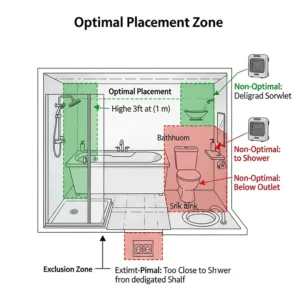 A simple guide showing the best and safest placement for a small heater in a bathroom, away from water.